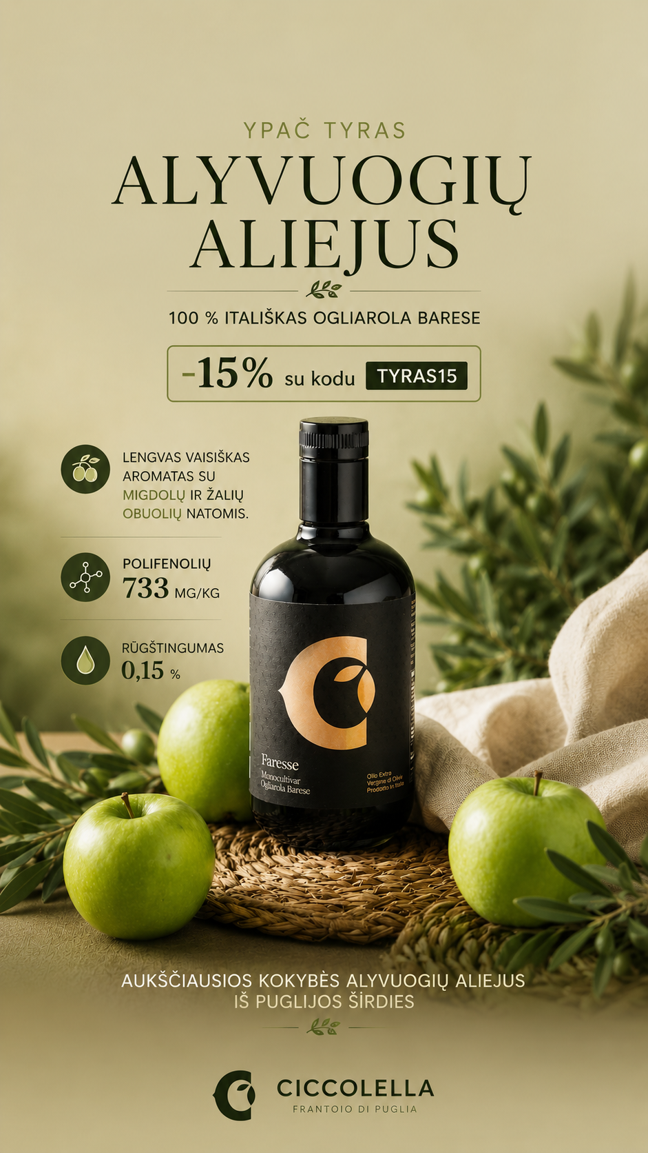 Ypač tyras alyvuogių aliejus (500 ml.) Faresse – Ogliarola barese 2025/2026